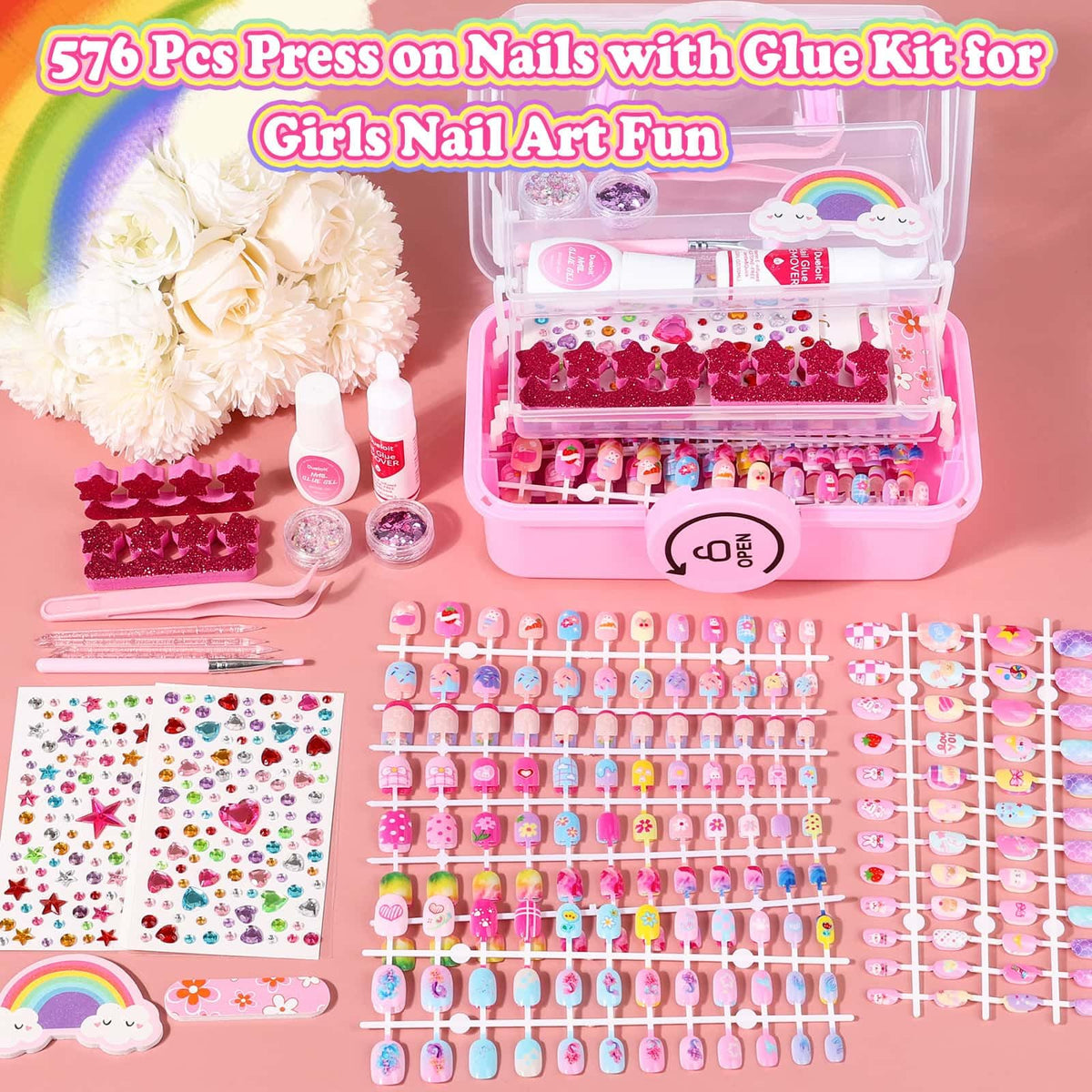 Kids Press-On Nail Art Kit with Glue, Remover and Storage Case