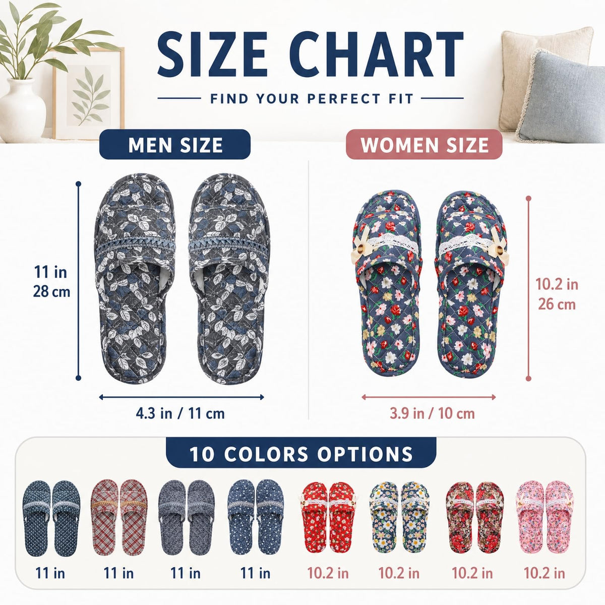 10 Pairs Floral Cotton House Slippers for Guests, Non-Slip, 2 Sizes