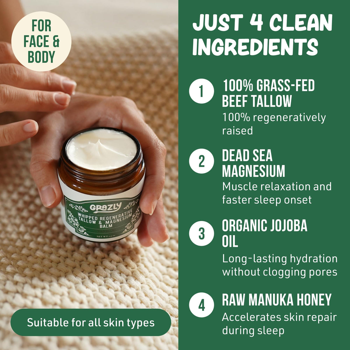 Grazly Whipped Beef Tallow Balm with Dead Sea Magnesium, 2.5 oz