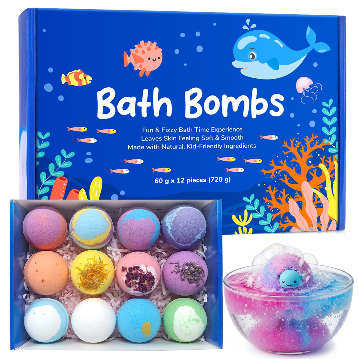12-Piece Natural Bath Bomb Gift Set with Color-Changing Fizz and Surprises