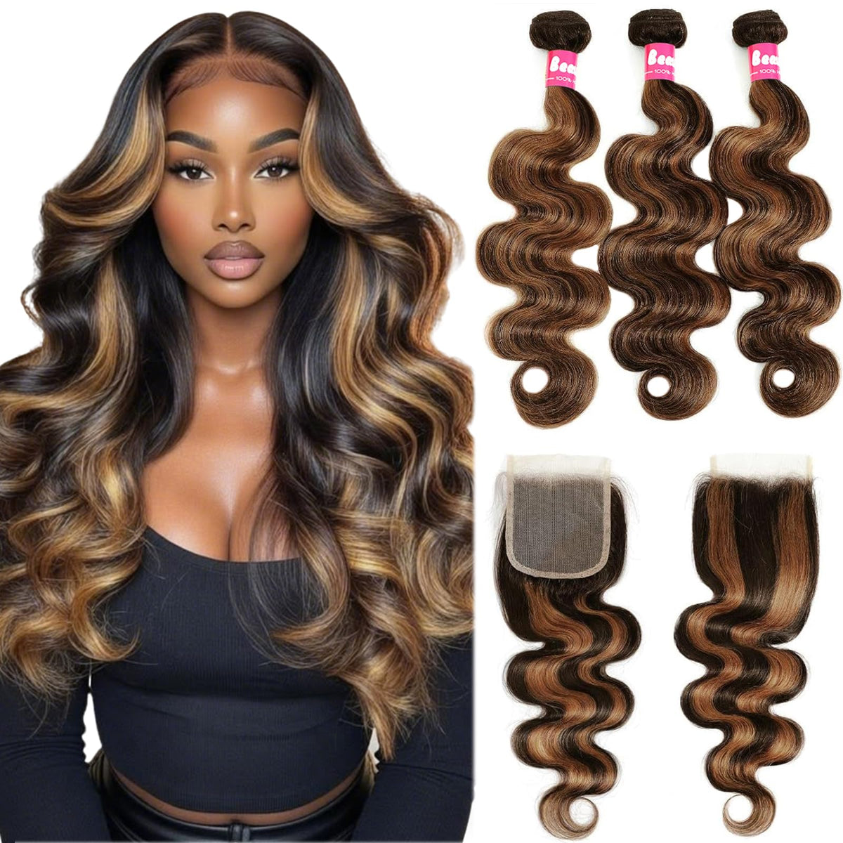 Highlight Human Hair Bundles with Lace Closure Body Wave