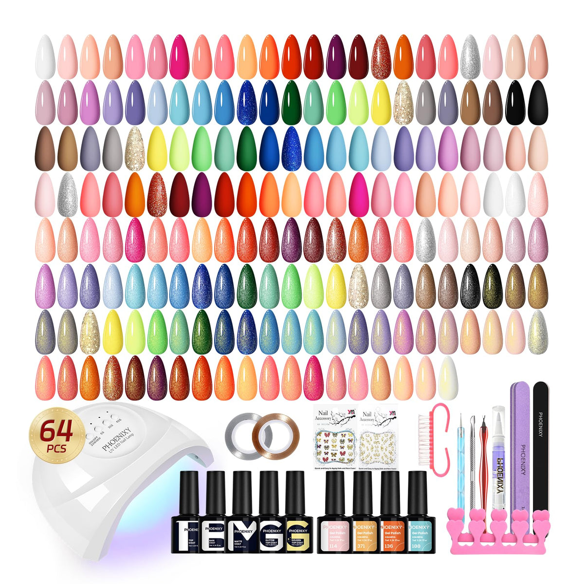PHOENIXY Gel Nail Polish Kit with UV LED Lamp, 45 Colors and Top Coats