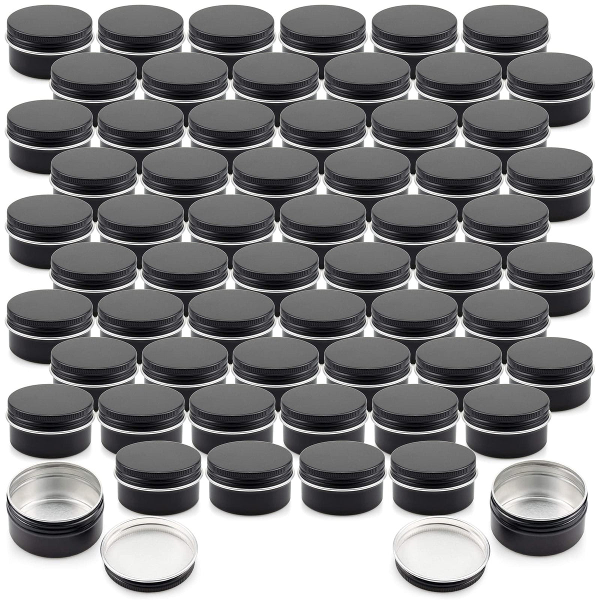 Foraineam 60 Pack 1 oz Black Aluminum Round Lip Balm Tins with Screw Lids