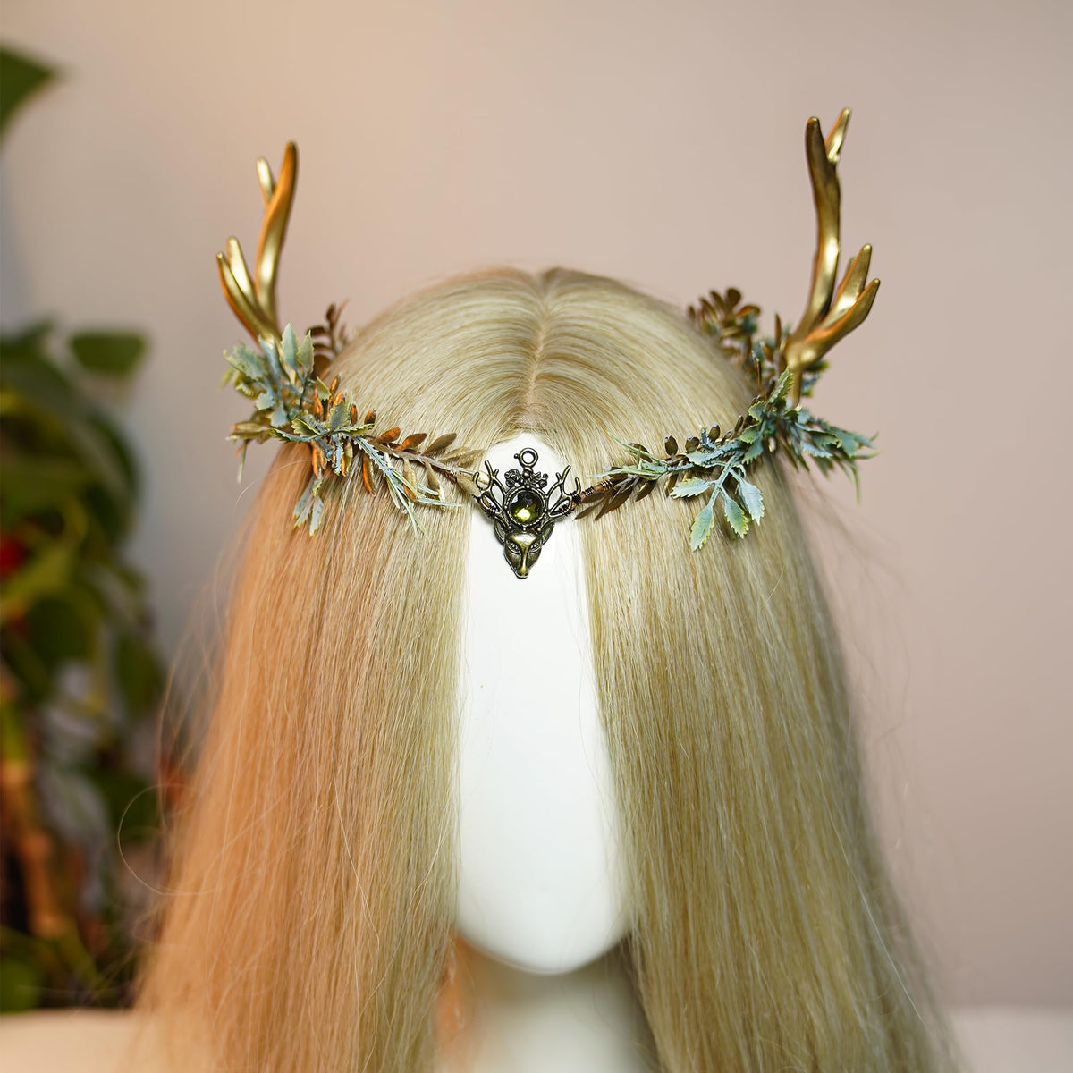 MOSTORY Woodland Gold Antler Crown Fairy Floral Circlet Headpiece