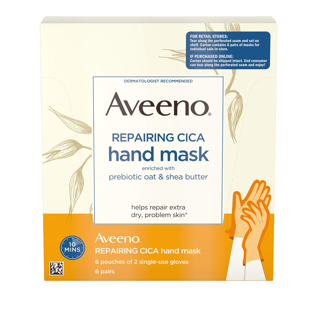 Aveeno Repairing Cica Hand Mask with Prebiotic Oat and Shea Butter, 6 Count