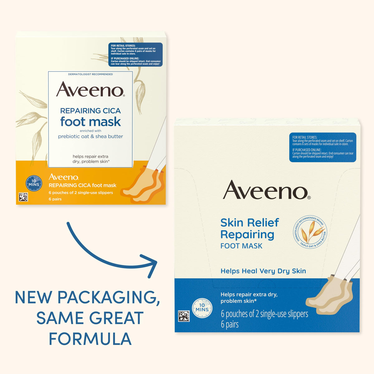 Aveeno Skin Relief Repairing Foot Mask with Prebiotic Oat & Shea Butter, 6 Pairs