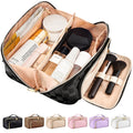 Black Checkered PU Leather Travel Makeup Bag with Compartments
