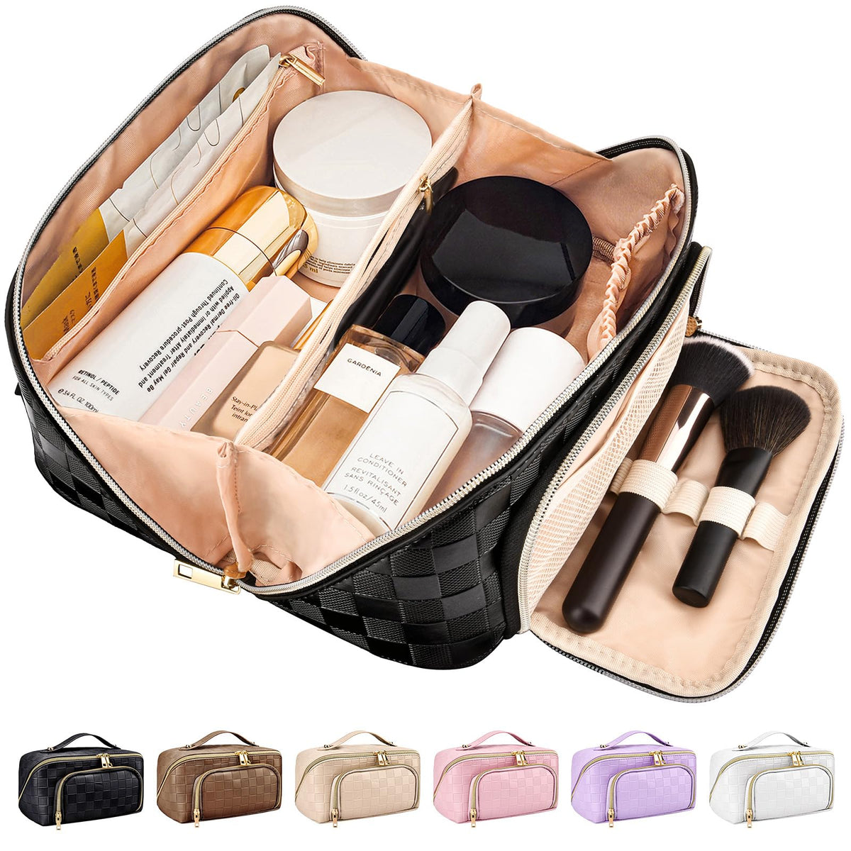 Black Checkered PU Leather Travel Makeup Bag with Compartments