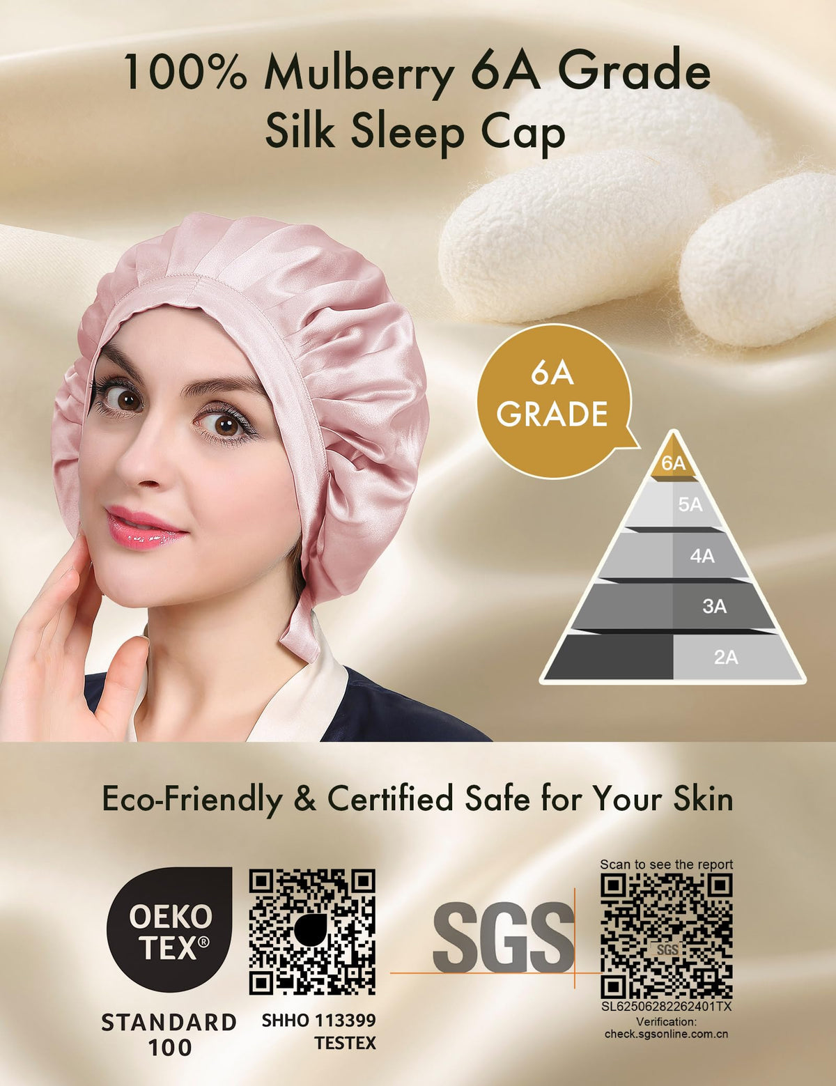 LilySilk 100% Mulberry Silk Adjustable Sleep Bonnet, Medium