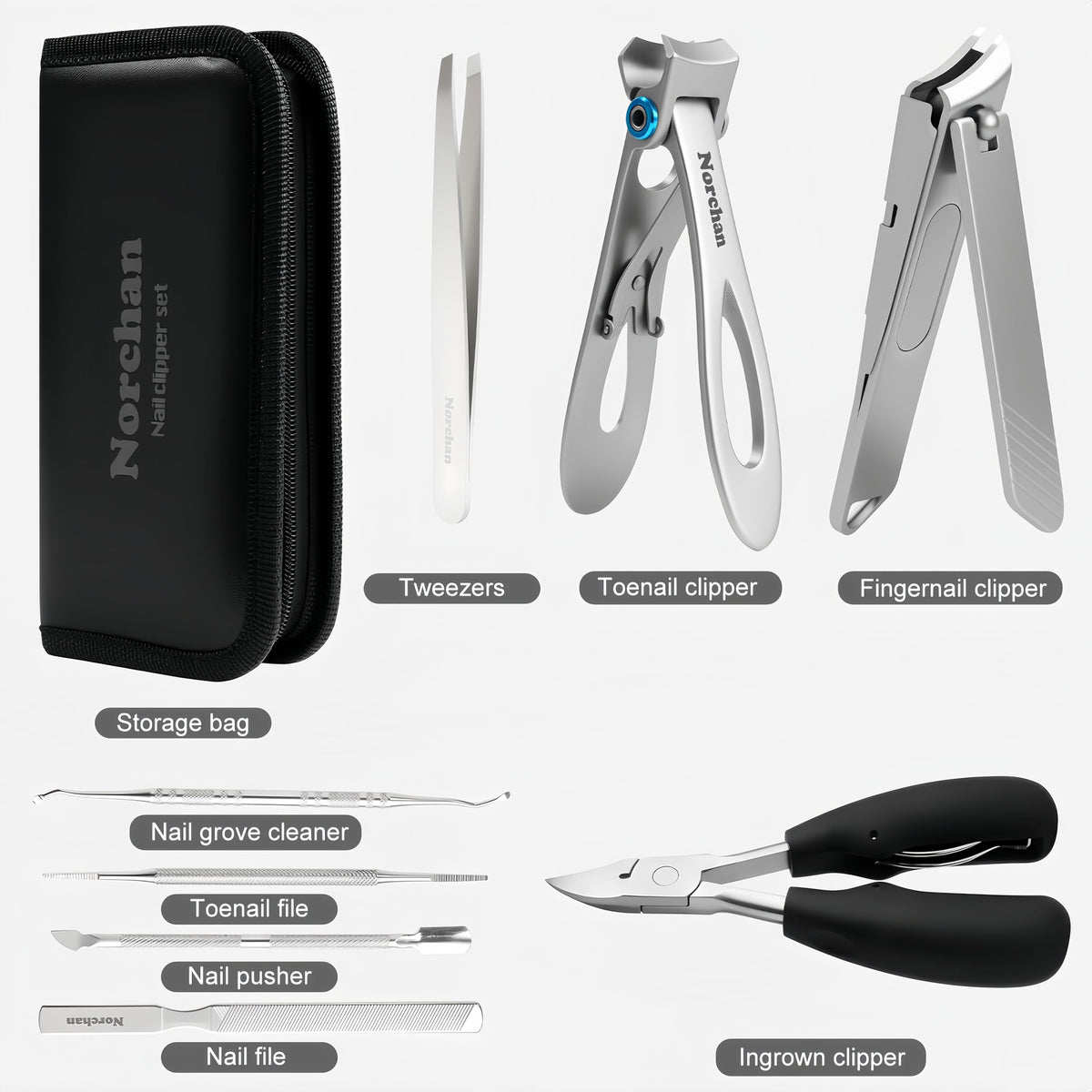 Heavy Duty Nail Clipper Set with Case, Stainless Steel 8-Piece Grooming Kit