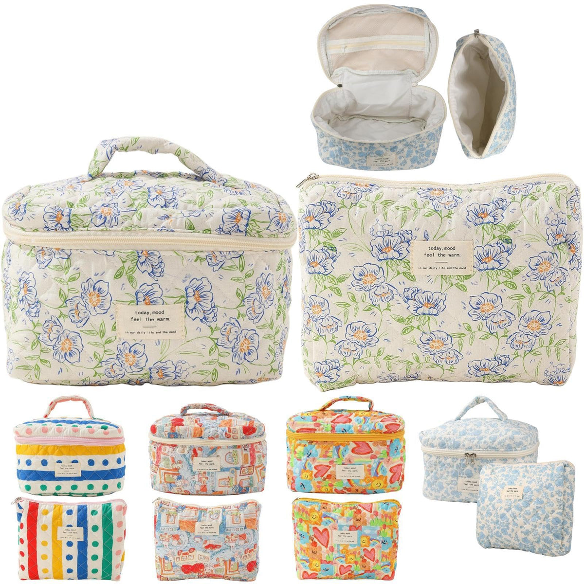 Fcteap 2-Piece Quilted Cotton Cosmetic and Toiletry Bag Set
