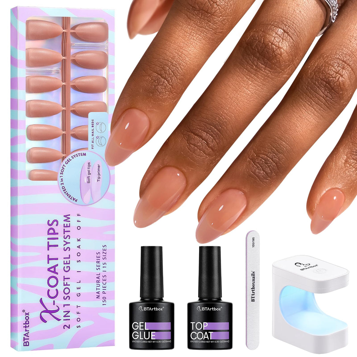 BTArtbox Medium Almond Soft Gel Nail Tips Kit, Brown Press-On Nails
