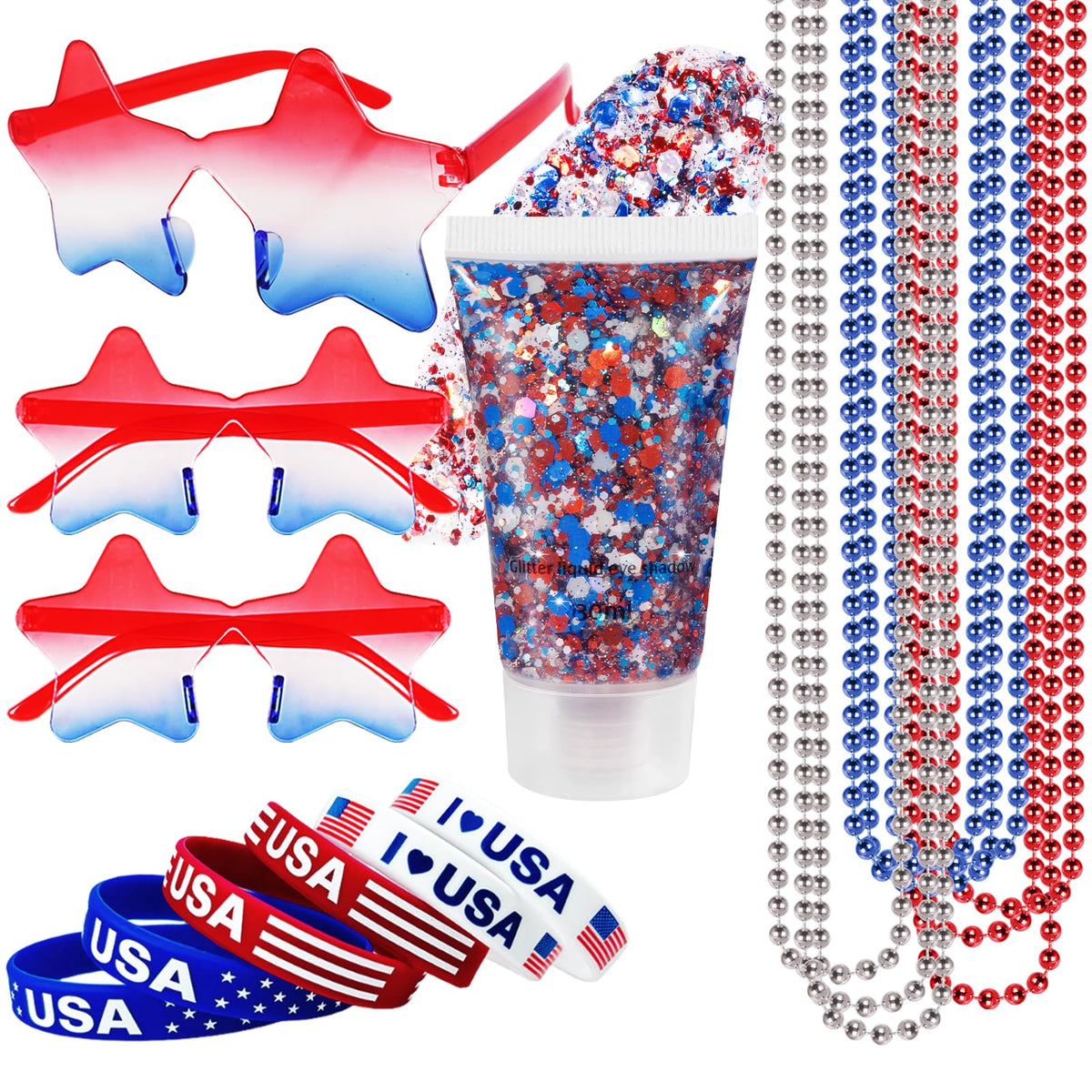 Mysense 4th of July Patriotic Accessories Set with Sunglasses, Jewelry and Glitter