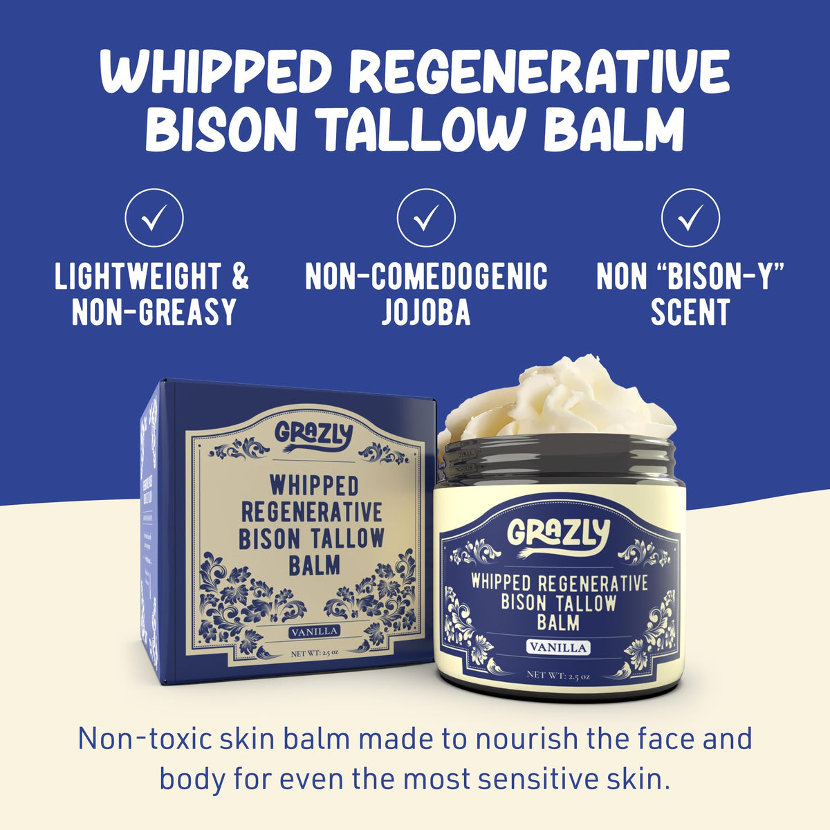 Grazly Whipped Bison Tallow Balm for Face and Body, 2.5 oz