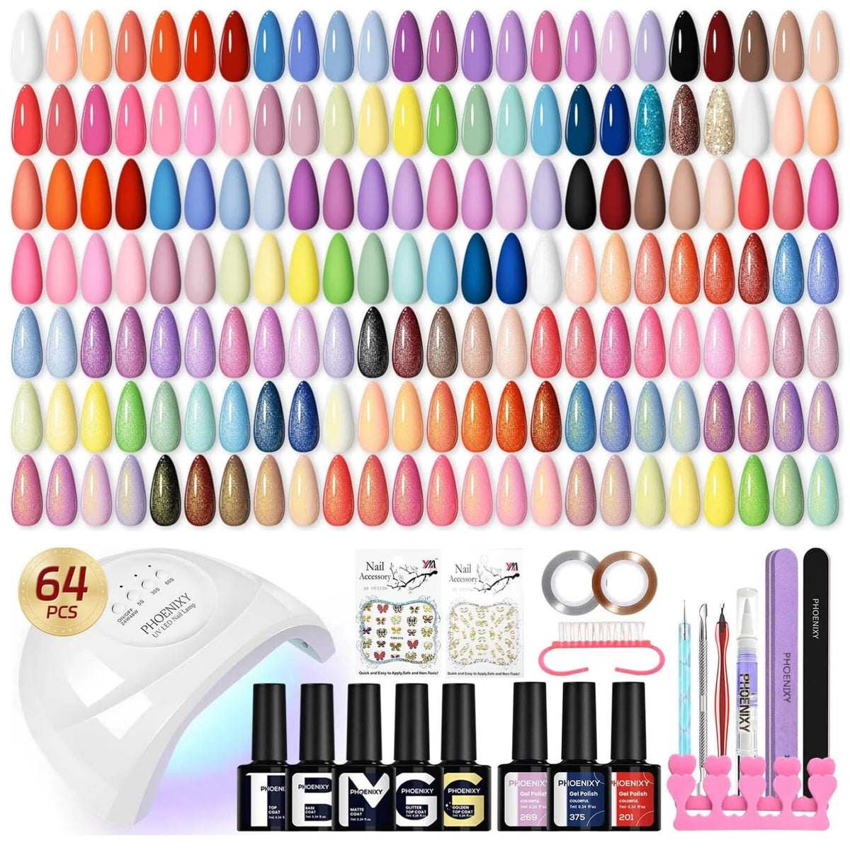 PHOENIXY Gel Nail Polish Kit with UV LED Lamp, 45 Colors and Top Coats