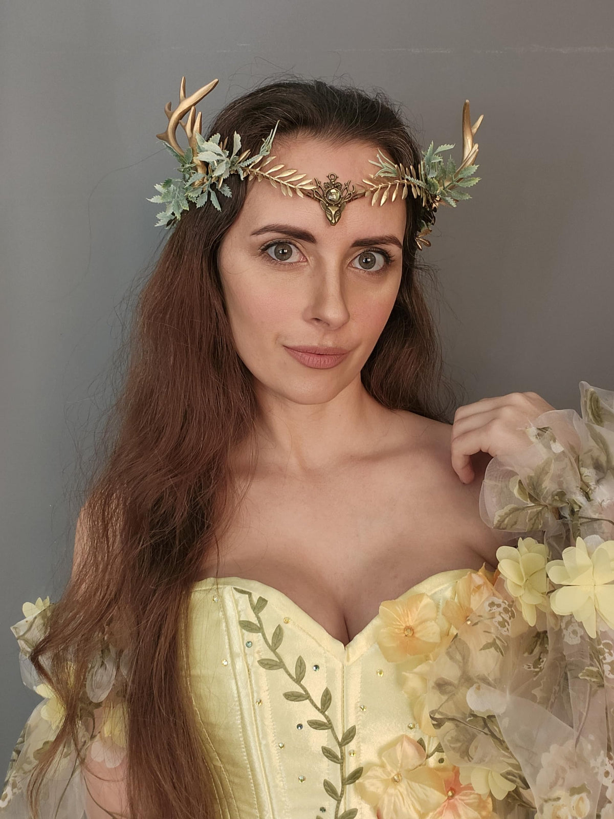 MOSTORY Woodland Gold Antler Crown Fairy Floral Circlet Headpiece