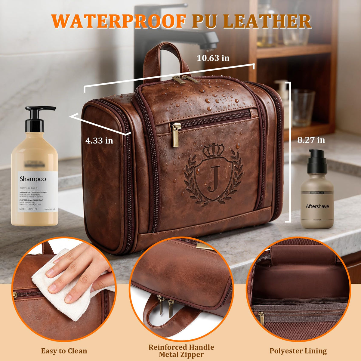 Aganmi Personalized Men's Large PU Leather Hanging Toiletry Bag