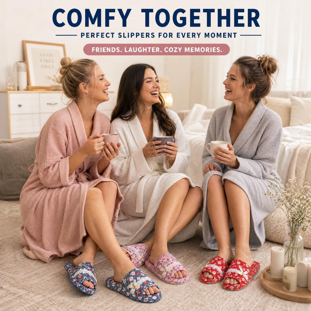 10 Pairs Floral Cotton House Slippers for Guests, Non-Slip, 2 Sizes