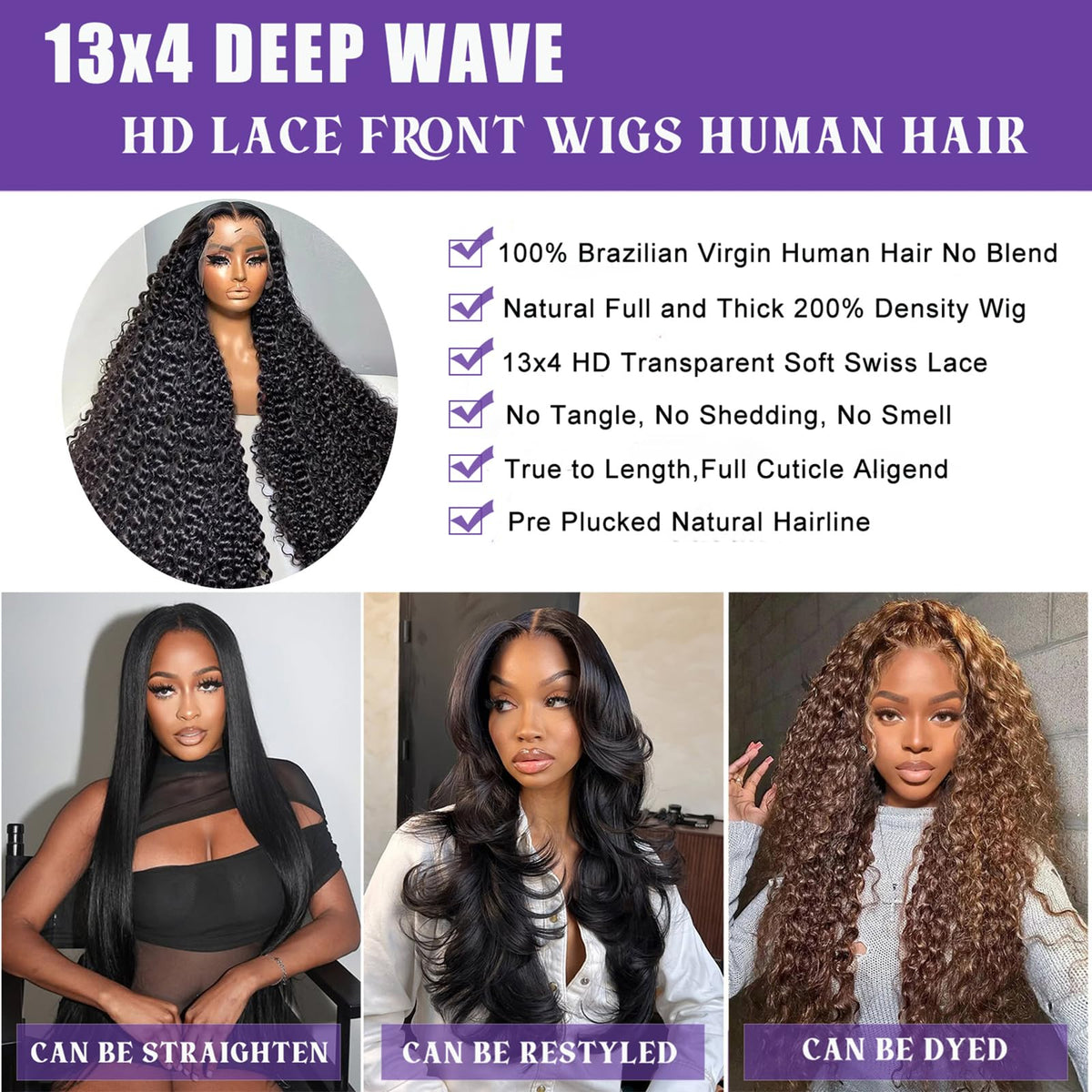 Momaksa 13x4 Deep Wave Human Hair Lace Front Wig, 200% Density