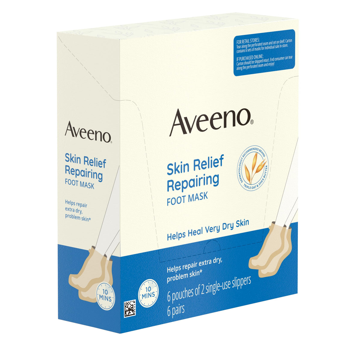 Aveeno Skin Relief Repairing Foot Mask with Prebiotic Oat & Shea Butter, 6 Pairs