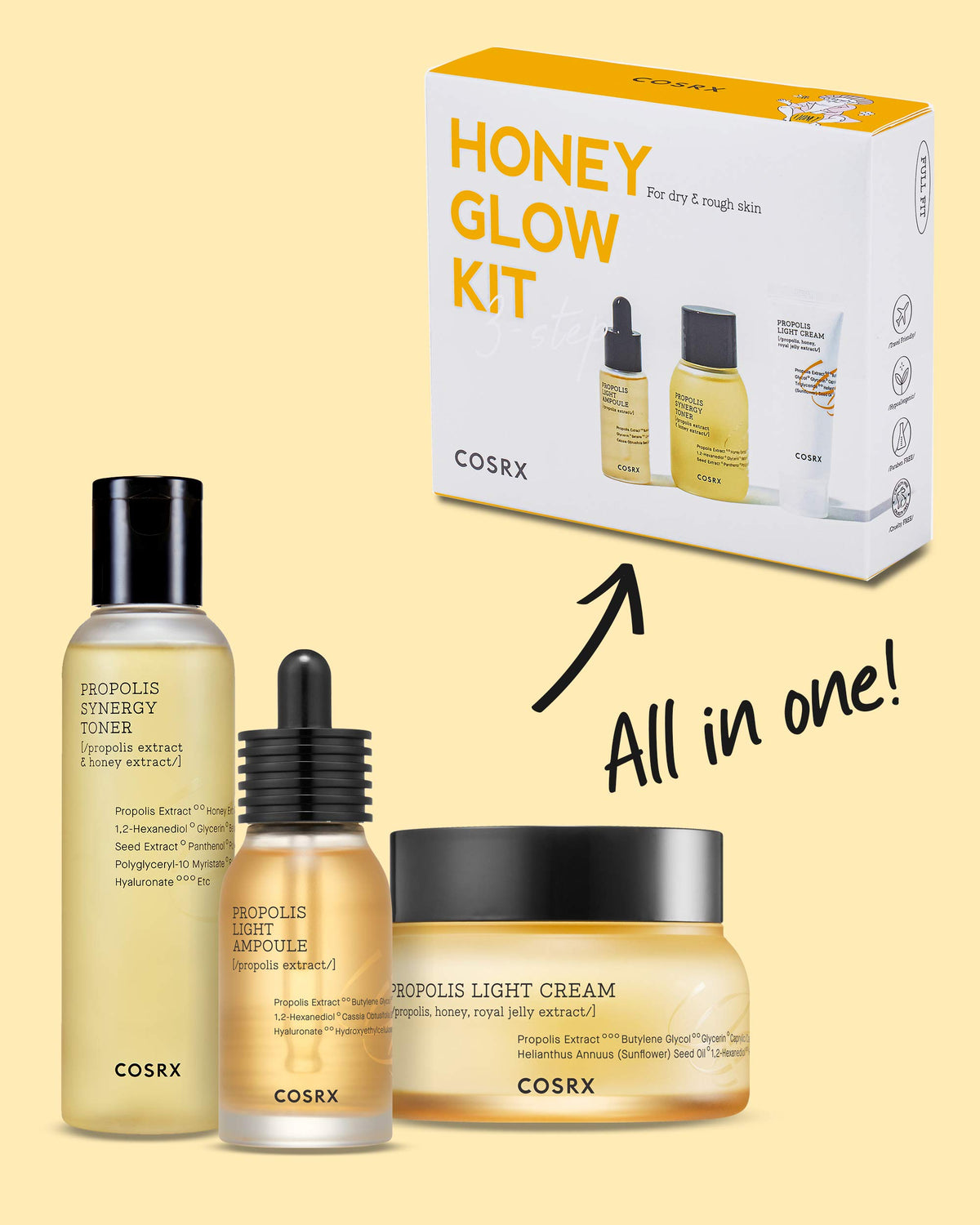 COSRX Honey Glow Kit Propolis Toner Ampoule Cream Travel Size Set