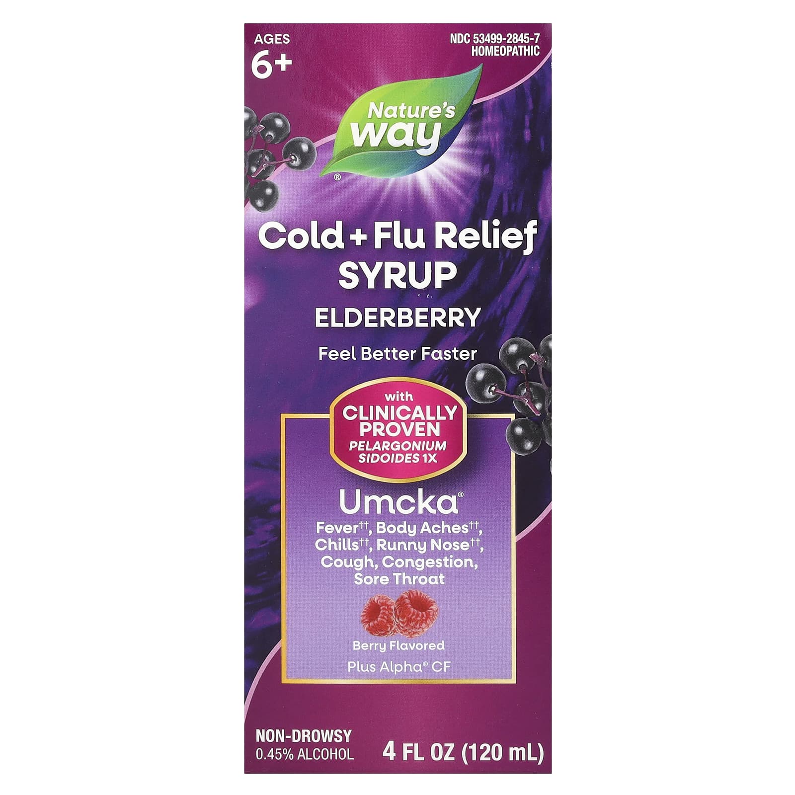 Nature's Way, Cold + Flu Relief Syrup, Elderberry, Umcka®, Ages 6+, Berry, 4 fl oz (120 ml)