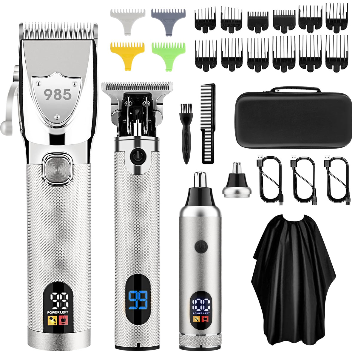 Professional Cordless Hair Clippers and Trimmers Set for Men, Silver