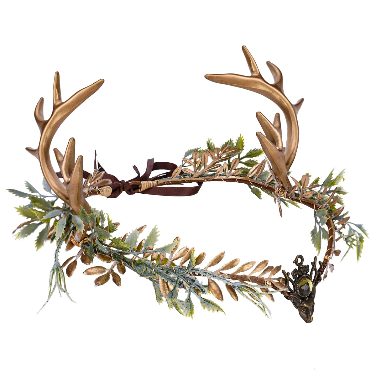 MOSTORY Woodland Gold Antler Crown Fairy Floral Circlet Headpiece
