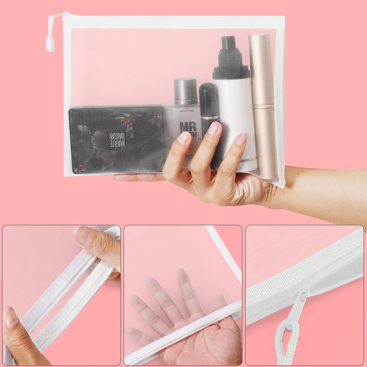 12-Piece Zipper Nylon Mesh Pouches, Clear Multipurpose Storage Bags