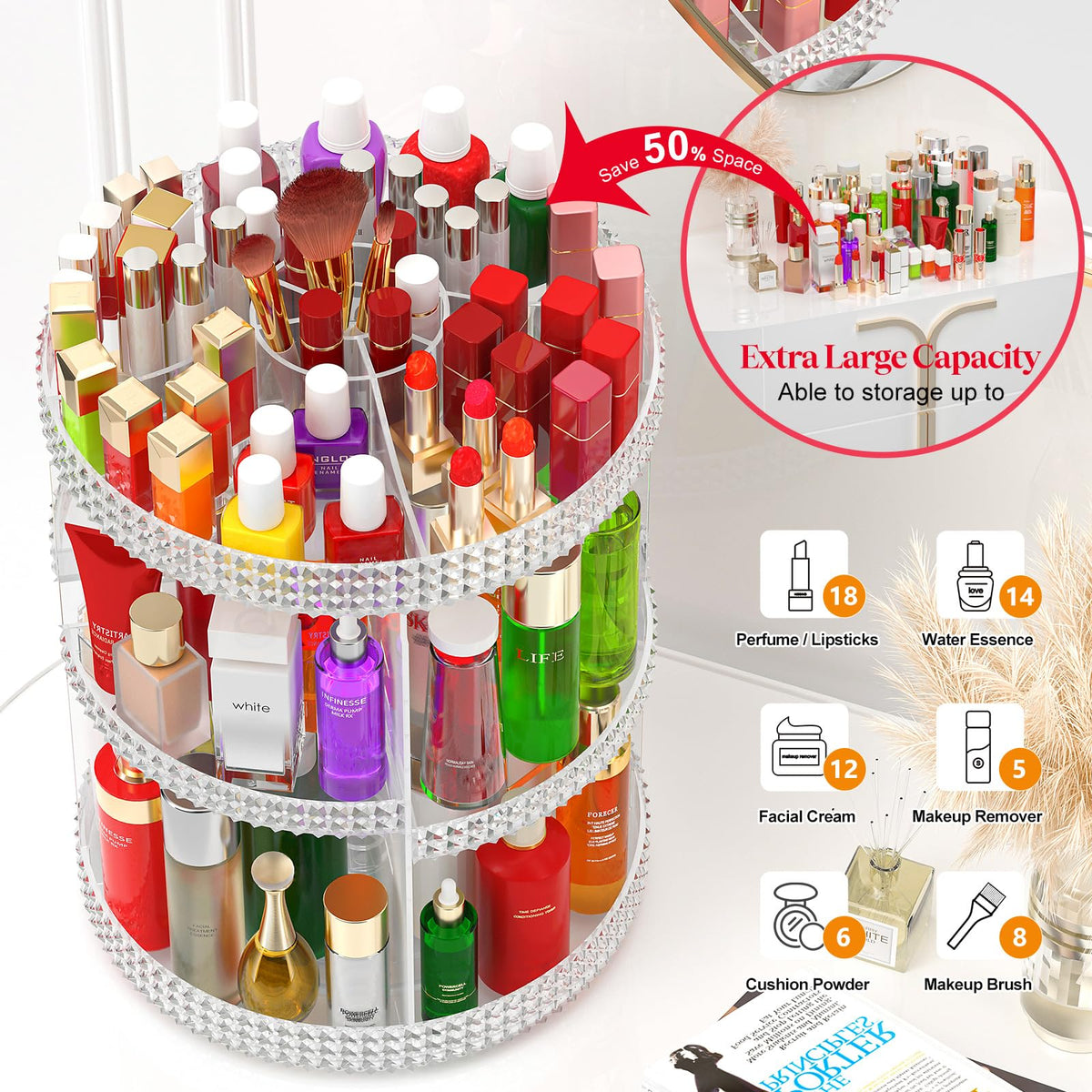 Awenia Rotating Acrylic Makeup Organizer with Adjustable Layers