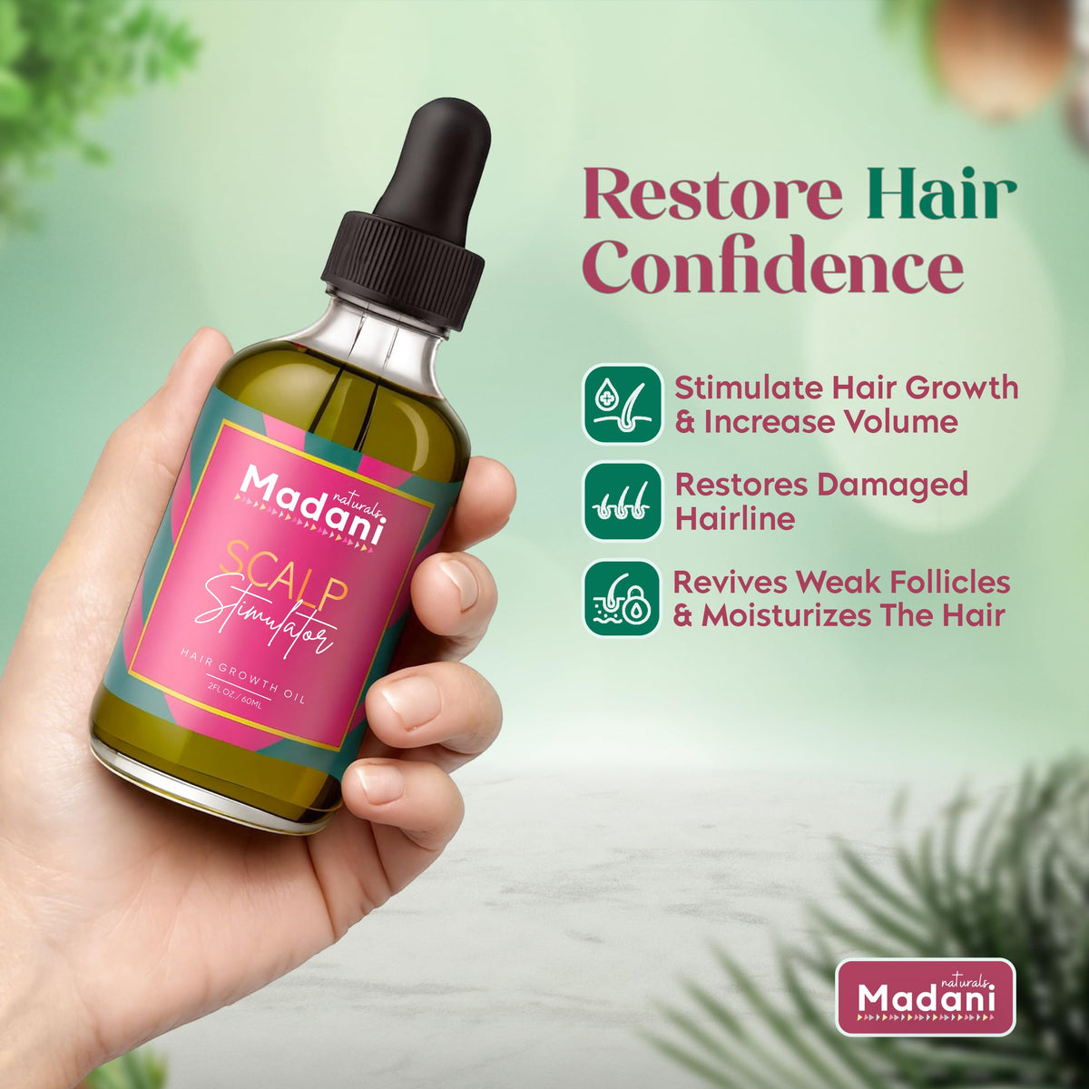 Madani Naturals Scalp Stimulator Hair Growth Oil with Rosemary & Mint, 2 fl oz