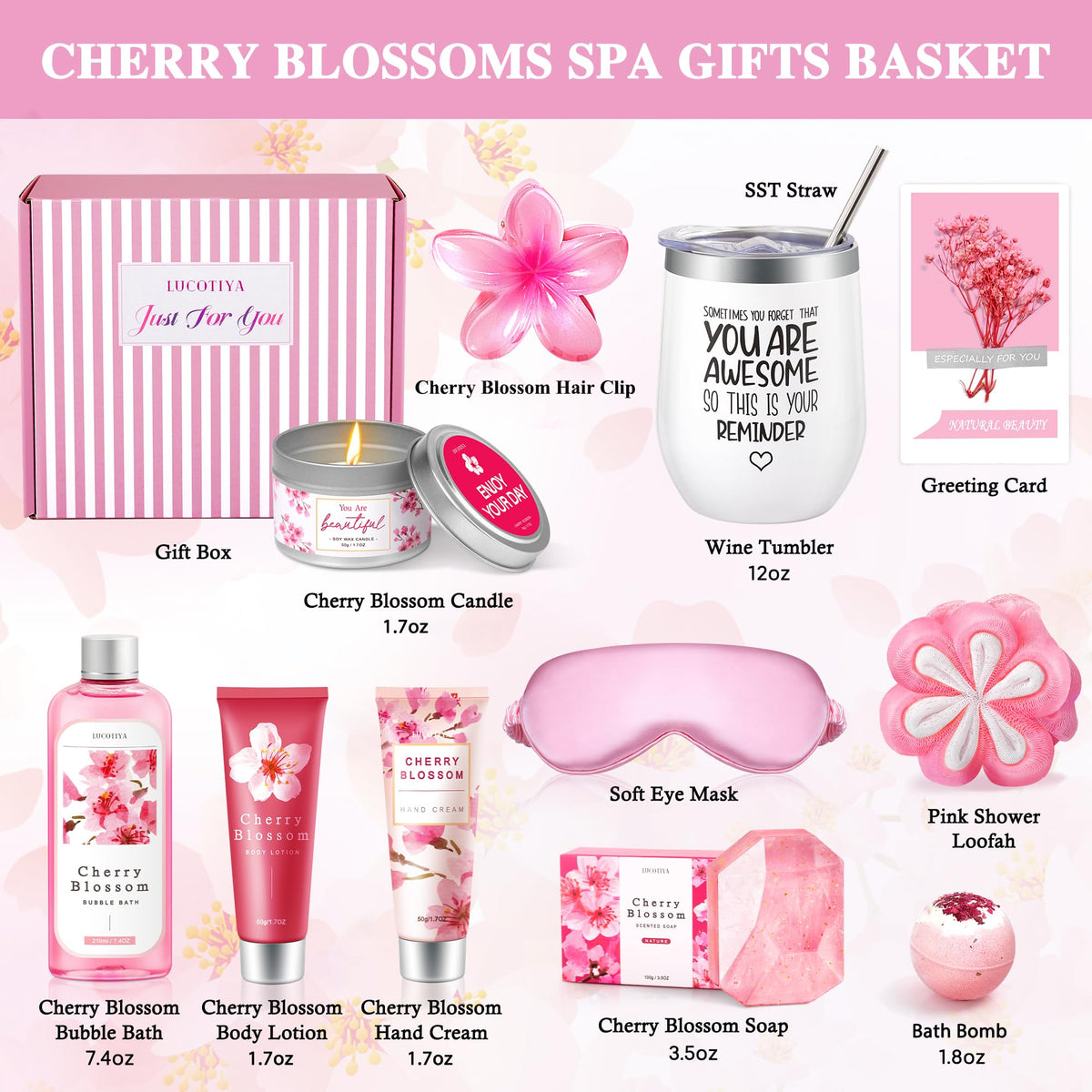 Cherry Blossom Self-Care Gift Basket for Women, 10-Piece Spa Gift Set