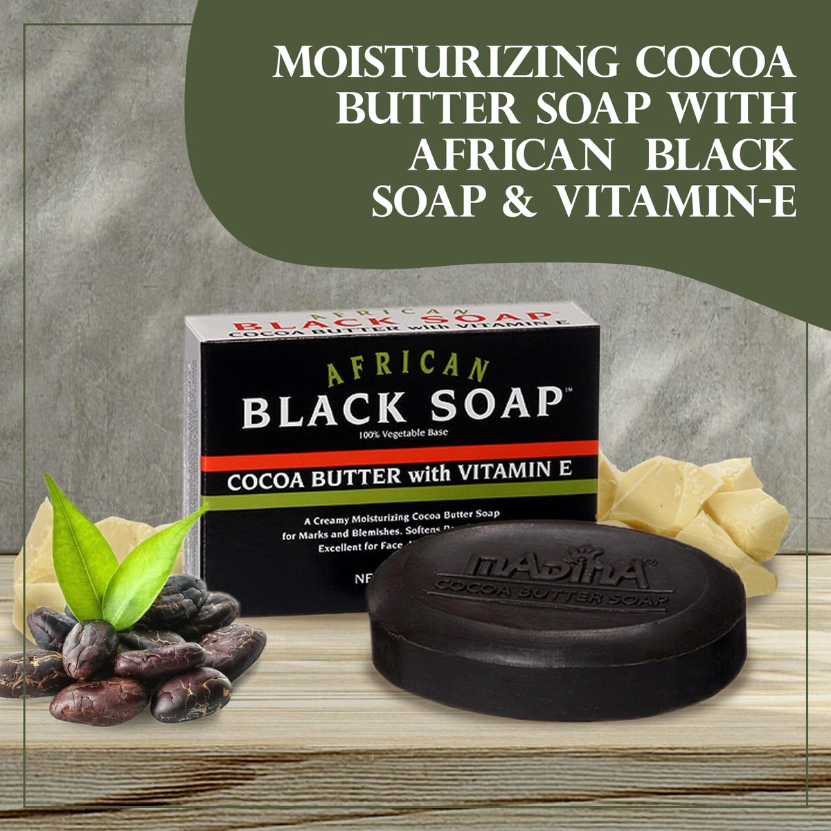 Madina African Black Soap Bar with Cocoa Butter and Vitamin E