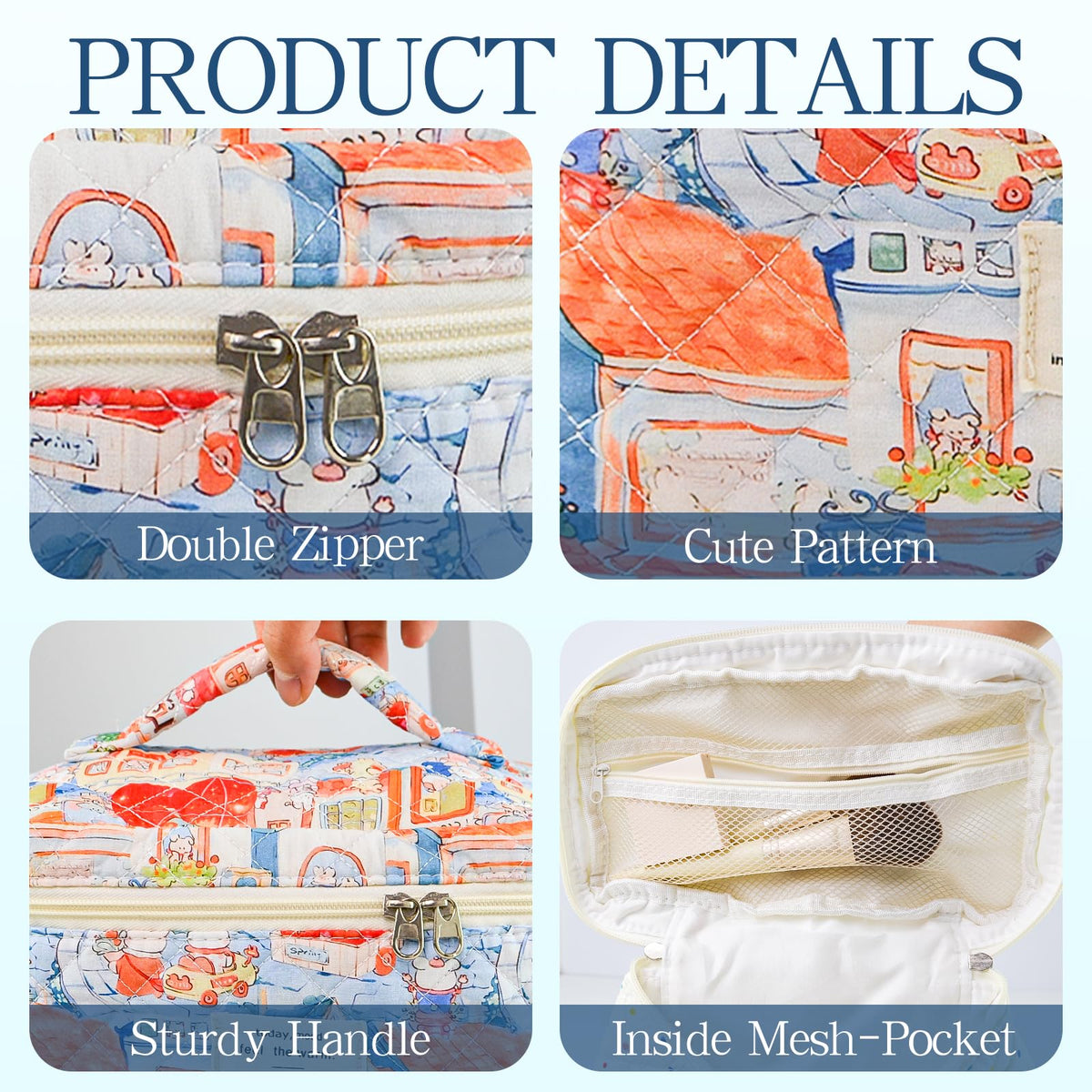 AMZMA 3-Piece Quilted Cotton Makeup Bag Set