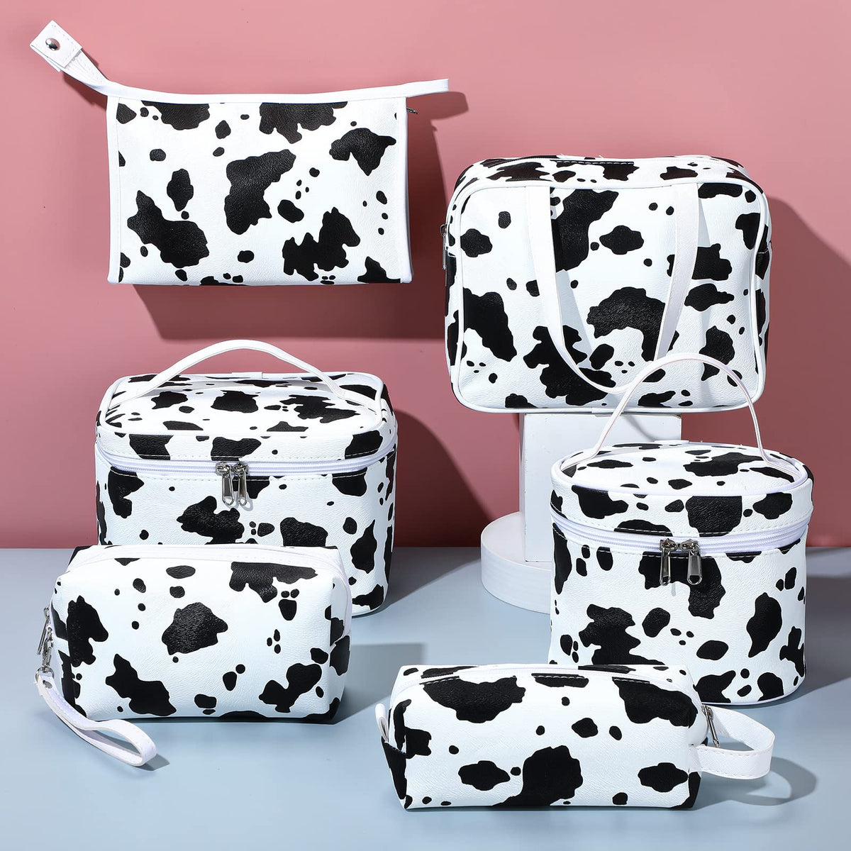 Saintrygo Set of 6 Cow Print Makeup Bags, PU Leather Travel Cosmetic Pouches