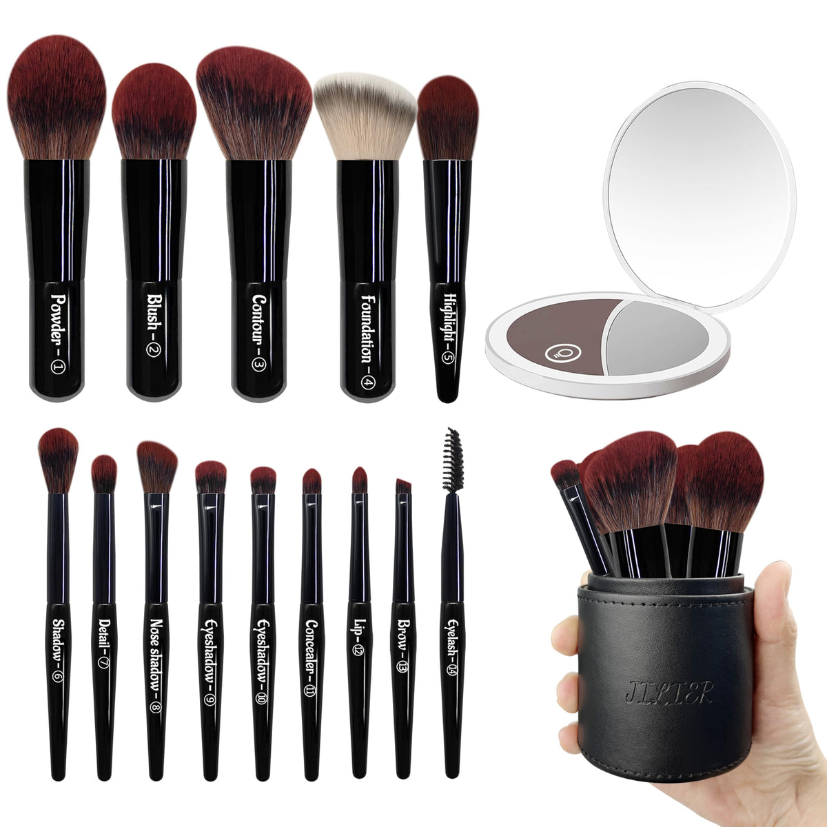 Jilier 14-Piece Mini Travel Makeup Brush Set with Case