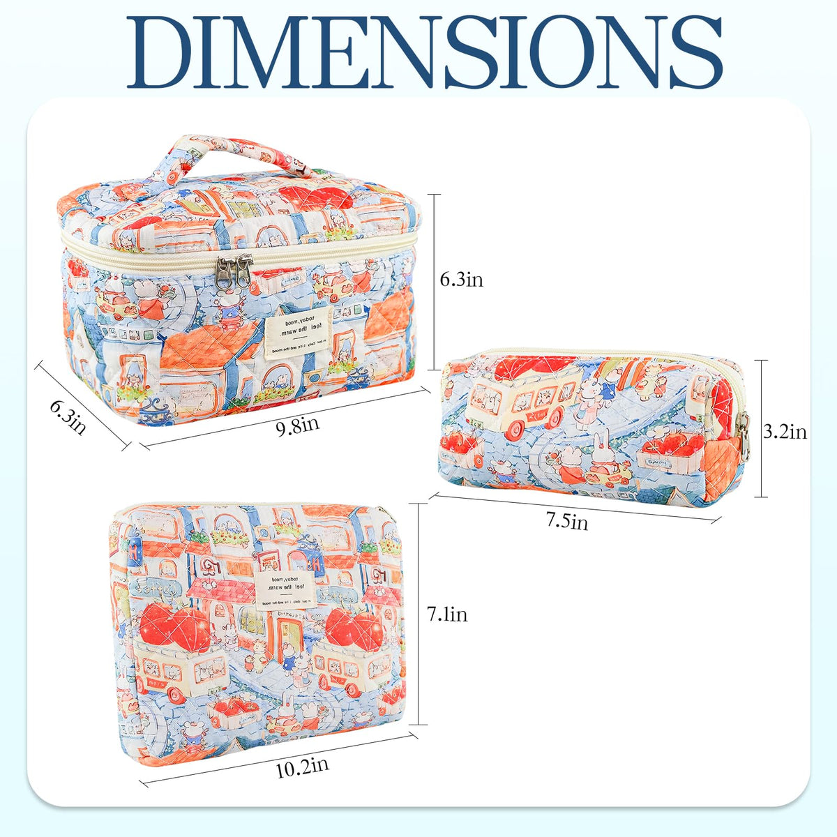 AMZMA 3-Piece Quilted Cotton Makeup Bag Set