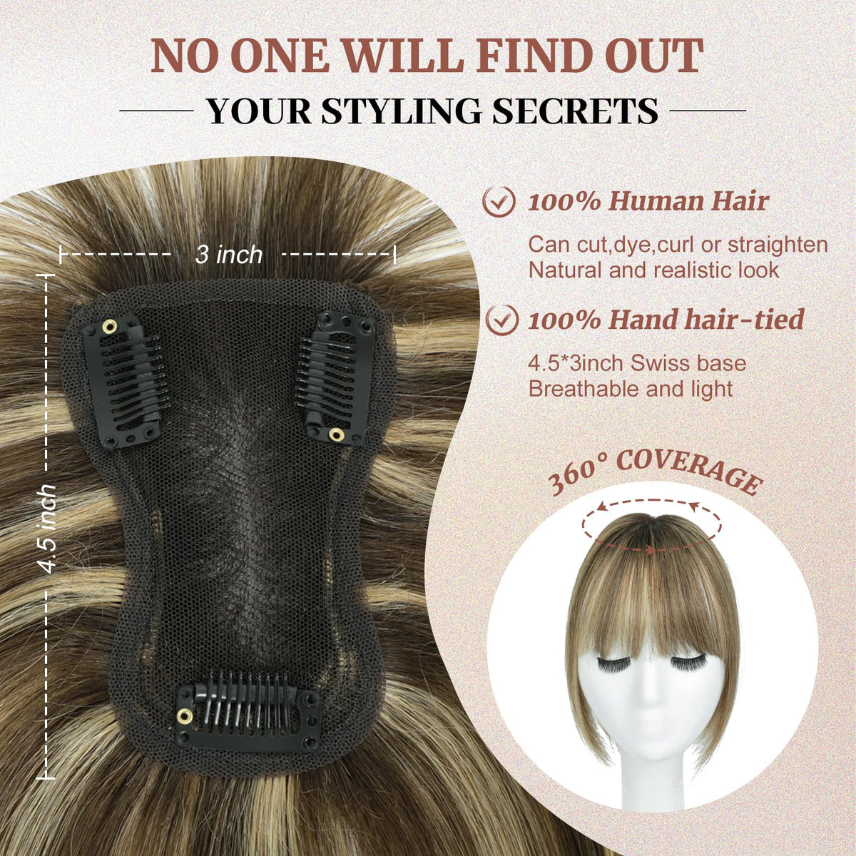 HOLFWALF Human Hair Toppers for Women with Bangs, 4.5 x 3-Inch Swiss Base