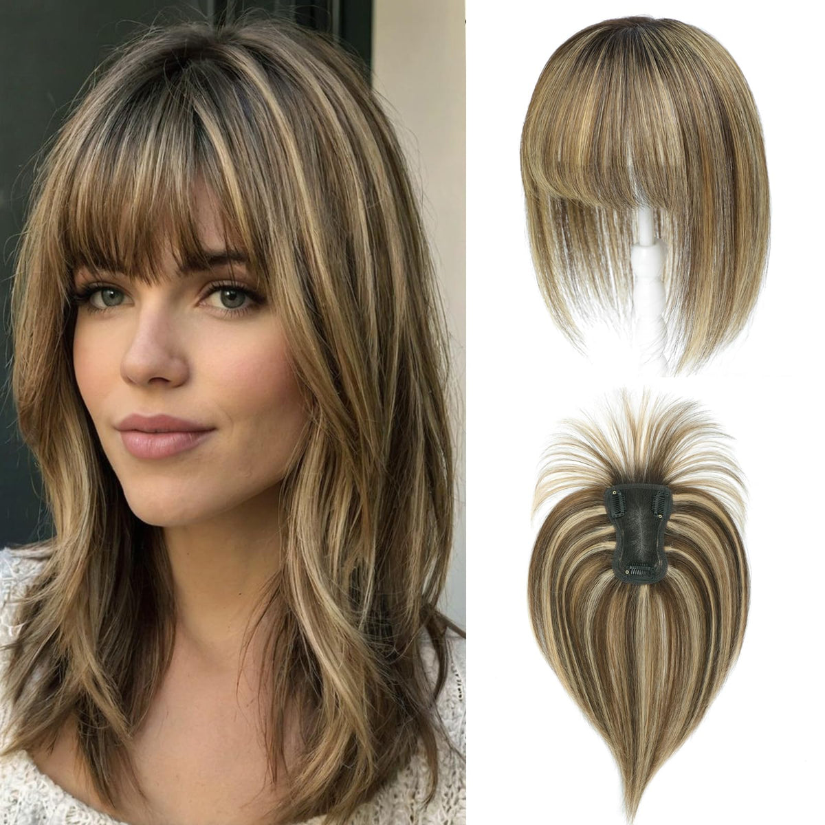 HOLFWALF Human Hair Toppers for Women with Bangs, 4.5 x 3-Inch Swiss Base