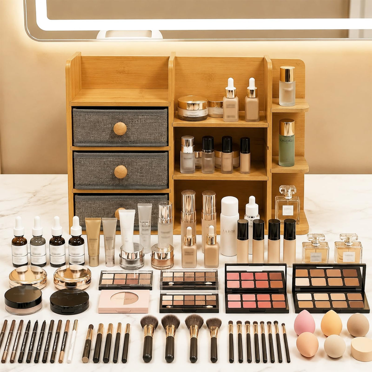 Natural Bamboo 3-Tier Makeup Organizer with Drawers