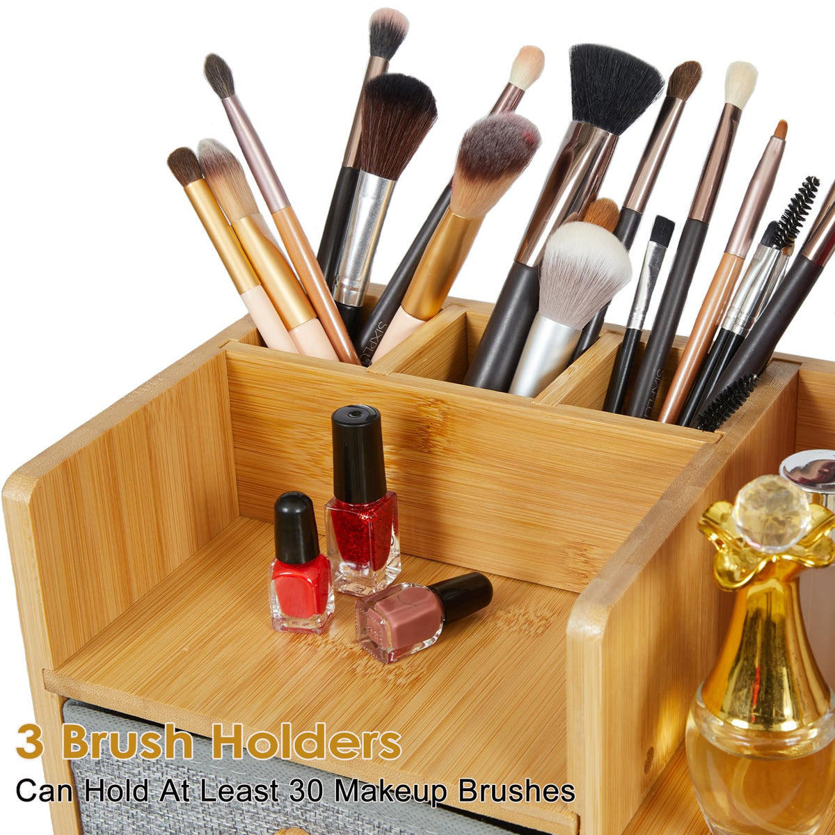 Natural Bamboo 3-Tier Makeup Organizer with Drawers