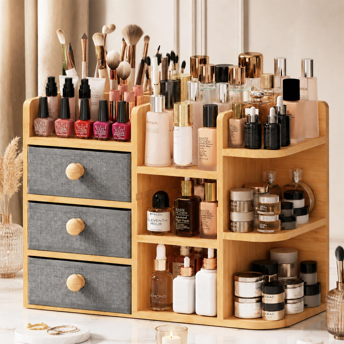Natural Bamboo 3-Tier Makeup Organizer with Drawers