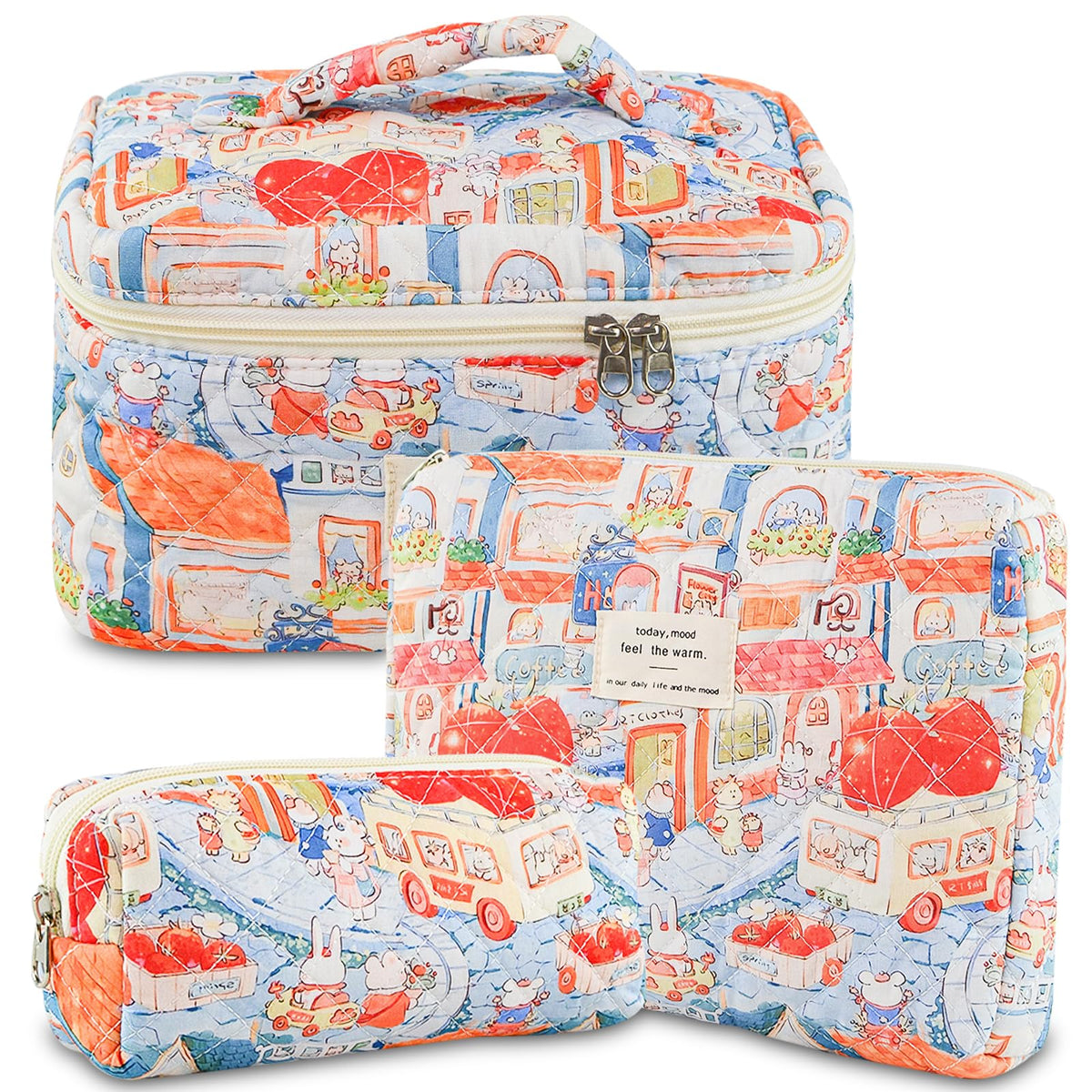 AMZMA 3-Piece Quilted Cotton Makeup Bag Set