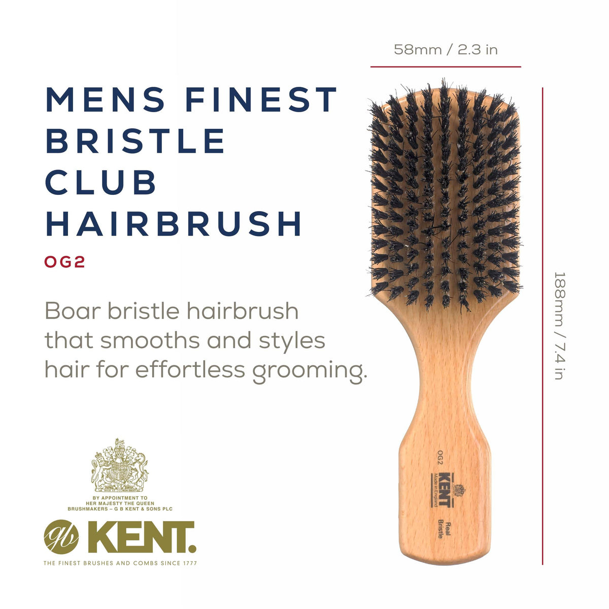 Kent OG2 Beechwood Hair Brush with Natural Boar Bristles