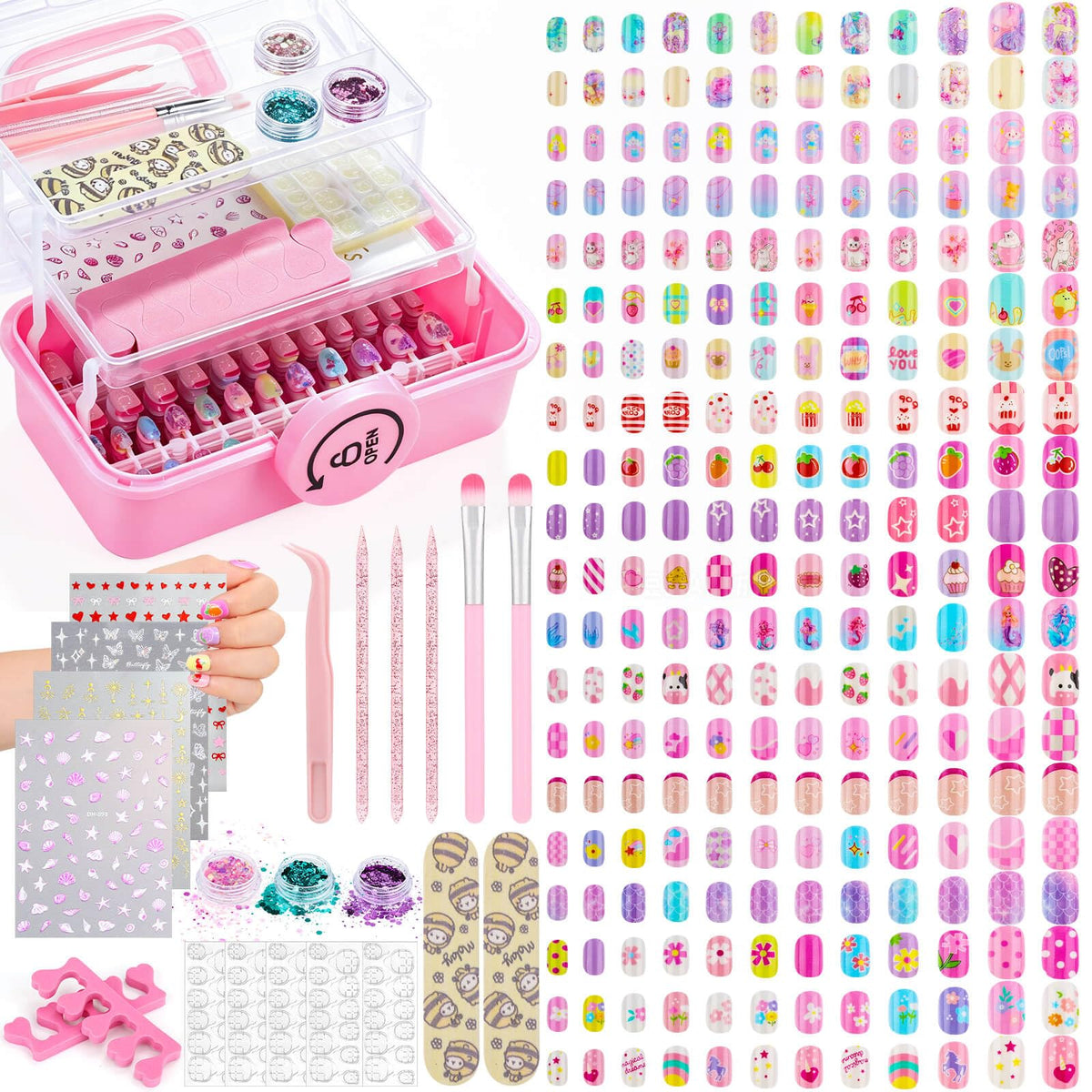 Pink Kids Press-On Nails and Nail Art Kit with Glue, Remover and Case