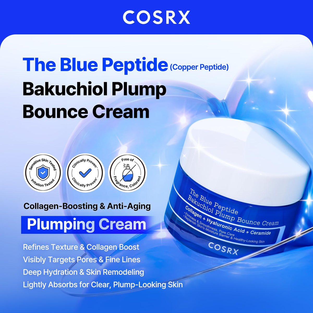 COSRX Blue Copper Peptide Bakuchiol Cream, 1.76 oz Korean Face & Body Moisturizer