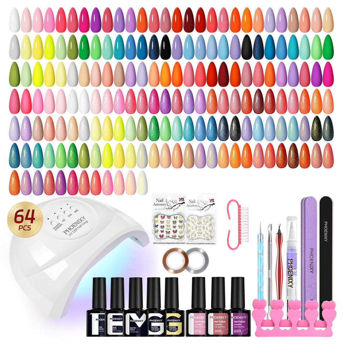 PHOENIXY Gel Nail Polish Kit with UV LED Lamp, 45 Colors and Top Coats