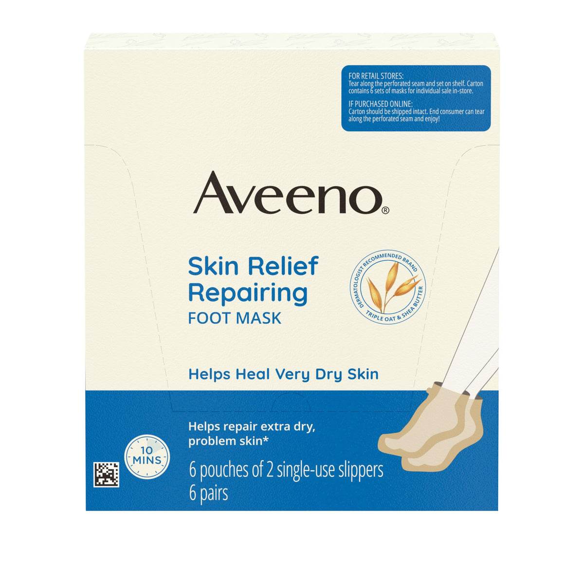 Aveeno Skin Relief Repairing Foot Mask with Prebiotic Oat & Shea Butter, 6 Pairs