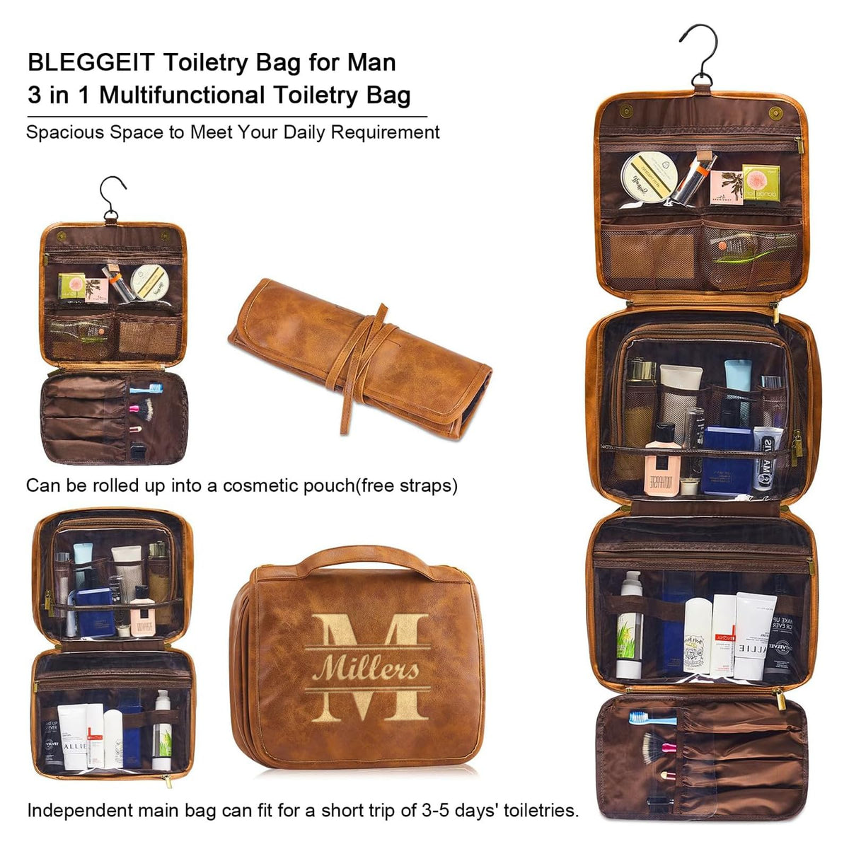 Personalized Men's Toiletry Bag, Large Capacity PU Leather Travel Kit