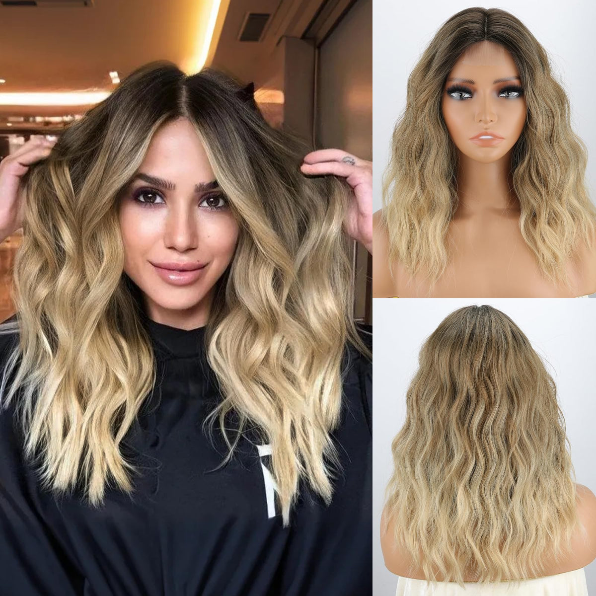 MISSQUEEN Medium Length Wavy Bob Wig, Heat-Resistant Synthetic Hair